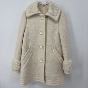 Free People Cream Wool Coat Women's Size Small Shearling Cuff Collar